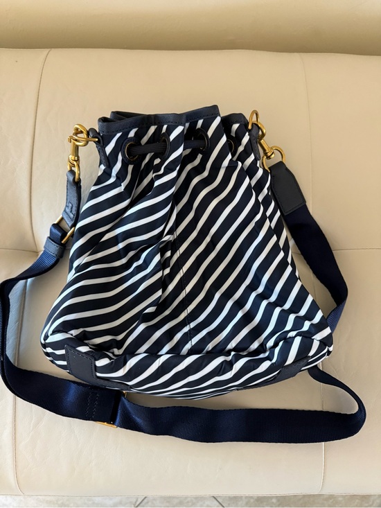 Tory Burch Navy and White Diagonal Stripe Drawstring Backpack